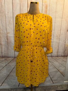 Signature Studio Yellow Sparrow Bird-Print Mini Dress, drawstring waist, Sz L